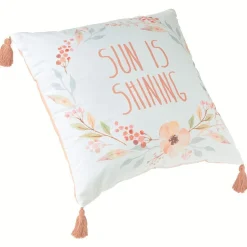 Coussin carré pompons Sun is Shining motif fleur blanc et rose