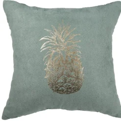 Coussin carré suédine vert d'eau motif ananas doré