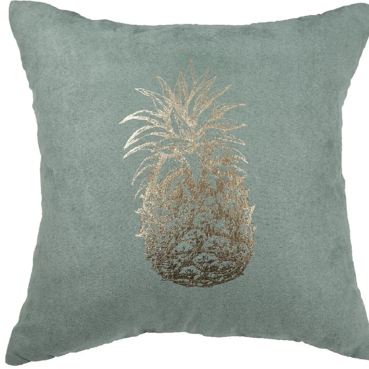 Coussin carré suédine vert d'eau motif ananas doré