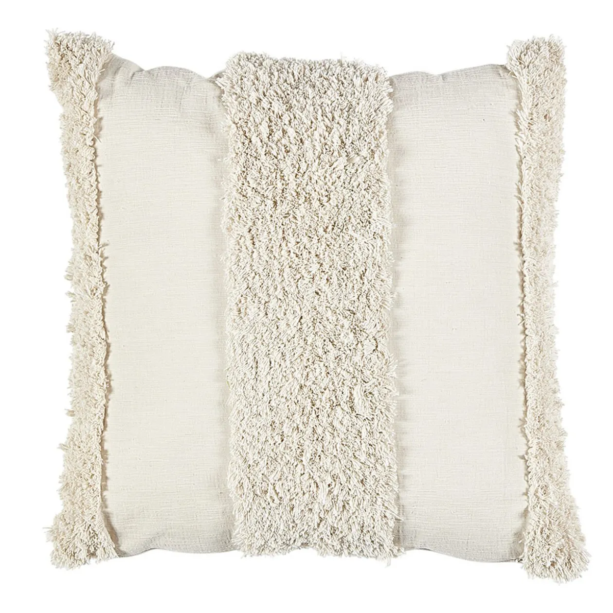 Coussin carré tufté bandes brodées blanc écru