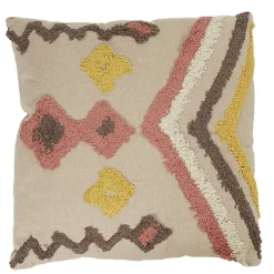 Coussin carré tufté beige motif ethnique jaune et rouge