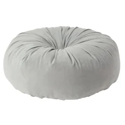 Coussin déco rond avec bouton central en velours gris clair