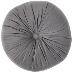 Coussin déco rond avec bouton central en velours gris foncé