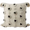 Coussin déco tufté pompons beige et noir