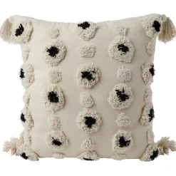 Coussin déco tufté pompons beige et noir