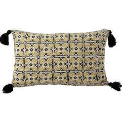 Coussin déco 30x50cm pompons beige et noir
