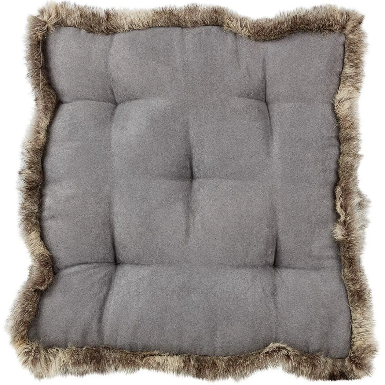 Coussin de sol carré bord fausse fourrure gris