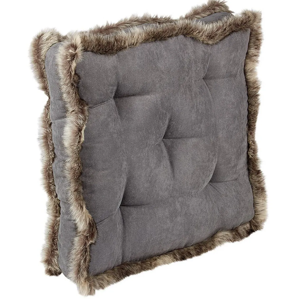 Coussin de sol carré bord fausse fourrure gris