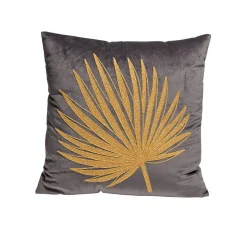 Coussin gris en velours motif feuille de palmier dorée