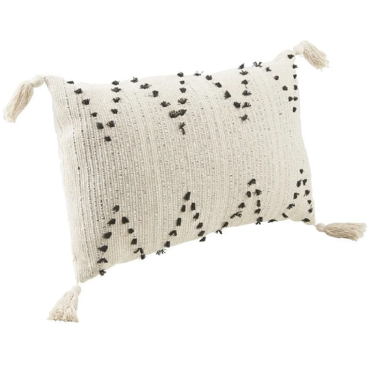 Coussin rectangulaire à pompons écru motif zig zag noir
