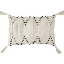 Coussin rectangulaire à pompons écru motif zig zag noir