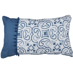 Coussin rectangulaire design Cyclade effet lin blanc et bleu