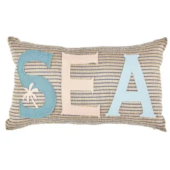 Coussin rectangulaire jute inscription Sea beige et bleu