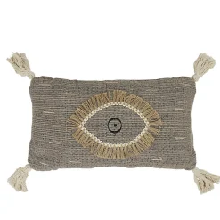 Coussin rectangulaire pompons broderie oeil fil brillant gris naturel