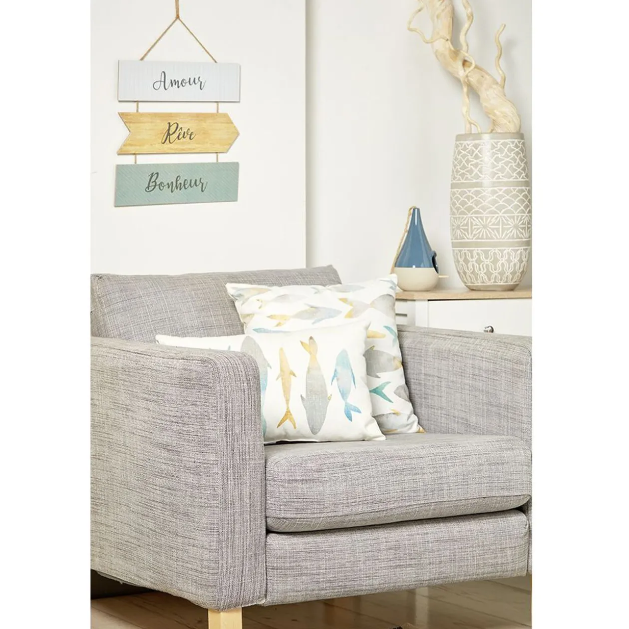 Coussin Rocio imprimé poisson blanc et bleu 45x45cm