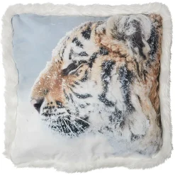 Coussin tête d'animal et neige avec bord imitation fourrure 40x40 cm