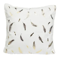 Coussin velours blanc motifs plumes dorées
