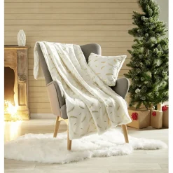 Coussin velours blanc motifs plumes dorées