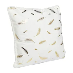 Coussin velours blanc motifs plumes dorées