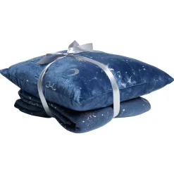 Coussin 40x40cm avec plaid 130x170cm thème astro bleu imprimé argenté