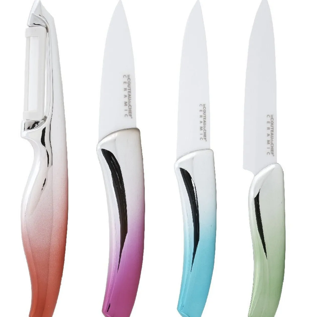 Couteau céramique manche coloré x 3 et éplucheur