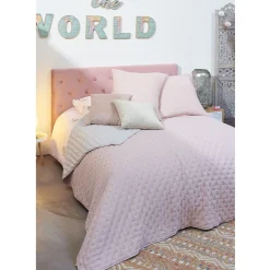 Couvre lit 2 personnes rose et gris et 2 taies d'oreiller