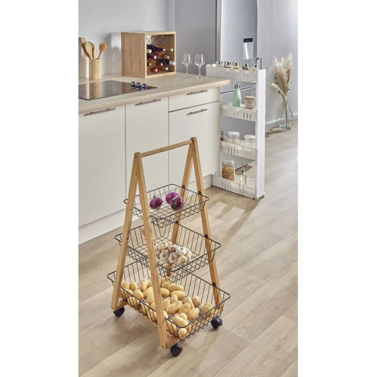 Desserte bambou panier métal 3 niveaux 54,5x36,5xH85 cm