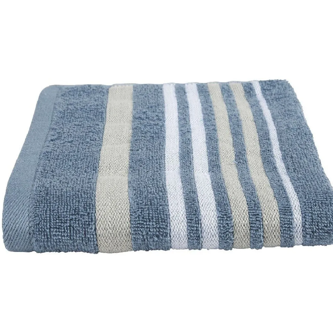 Drap de bain bleu design ligne blanc et beige