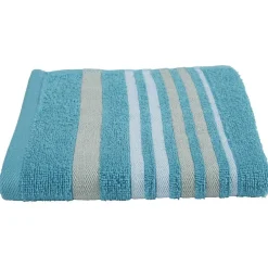 Drap de bain bleu turquoise design ligne blanc et beige