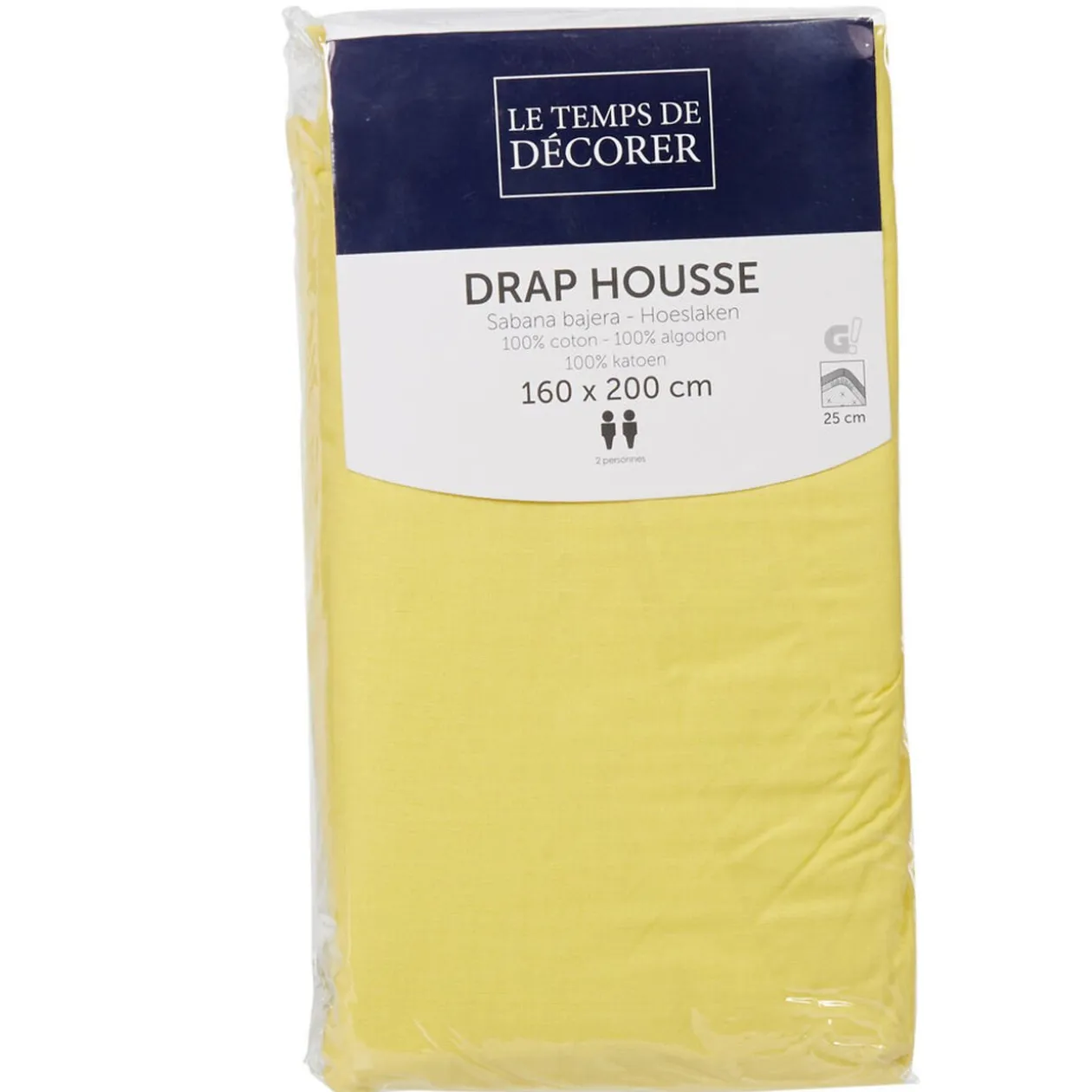 Drap housse 2 places jaune uni 160 x 200 cm