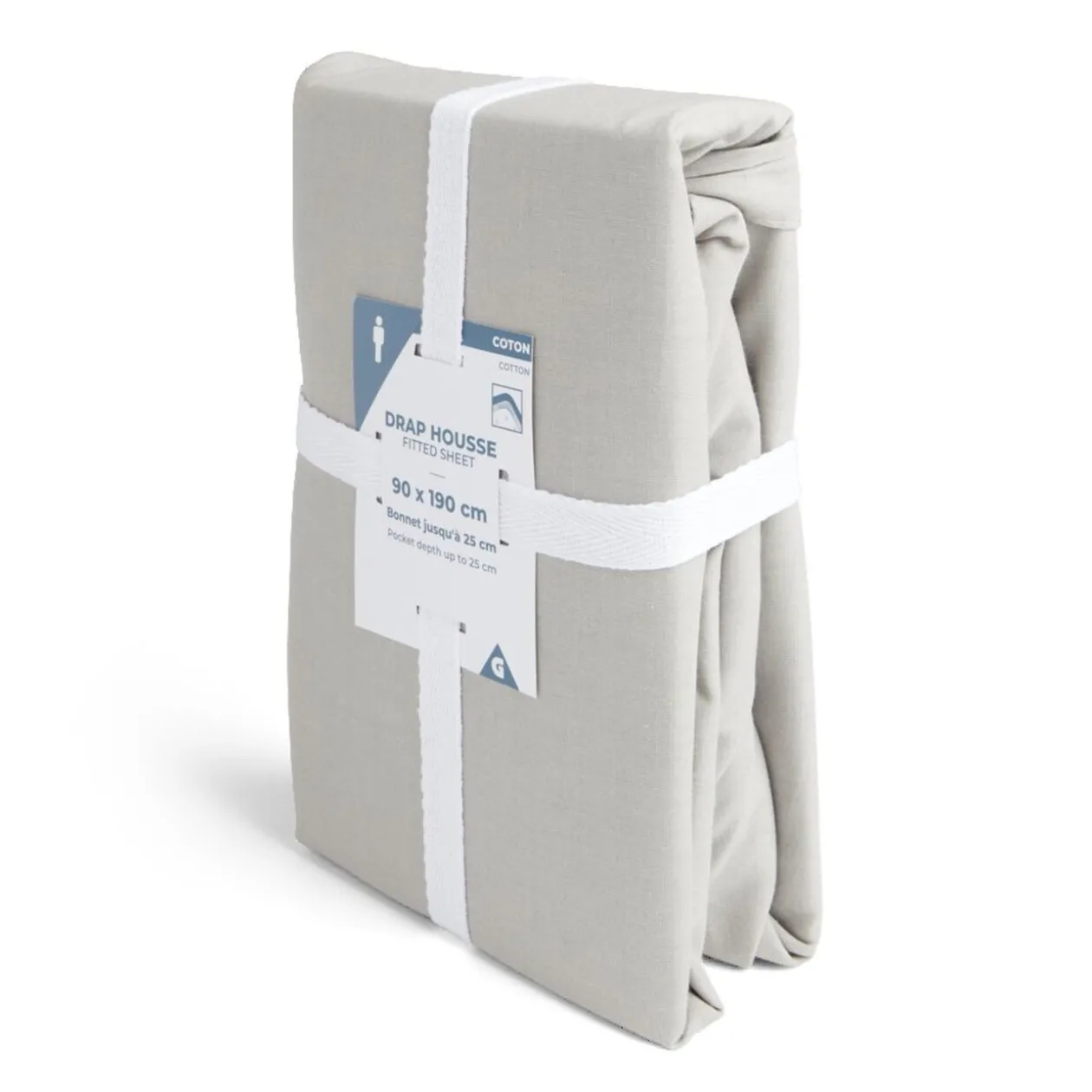 Drap housse 90x190cm 100% coton gris clair