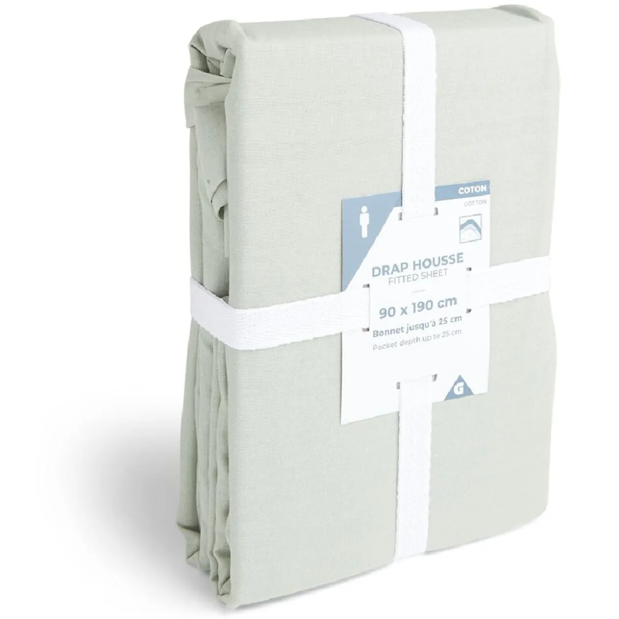 Drap housse 90x190cm 100% coton vert céladon