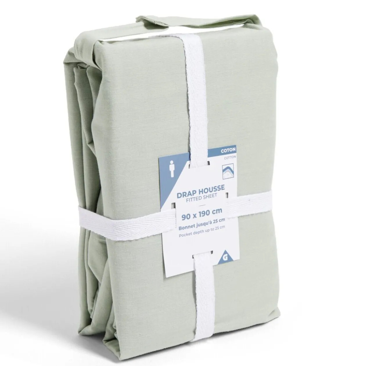 Drap housse 90x190cm 100% coton vert céladon