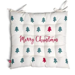 Galette de chaise carrée Noël Merry Christmas motif sapin vert 40x40cm