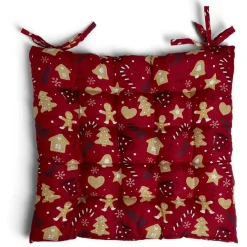 Galette de chaise carrée Noël motif biscuit marron et rouge 40x40cm