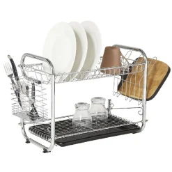 Égouttoir XXL 2 niveaux récupérateur d'eau inox