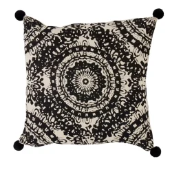 Housse de coussin à pompons noir et blanc carrée tropical