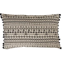 Housse de coussin à pompons noir et blanc tropical