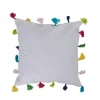 Housse de coussin carrée Caraïbes blanc à pompons multicolores