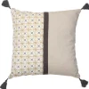 Housse de coussin coton chambray avec pompons jaune marron