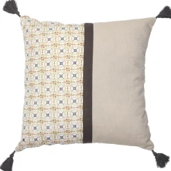 Housse de coussin coton chambray avec pompons jaune marron