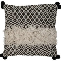 Housse de coussin motif géométrique et pompons noir blanc