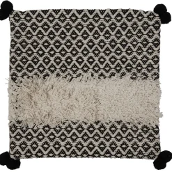 Housse de coussin motif géométrique et pompons noir blanc