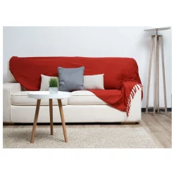 Jeté de canapé à franges coton uni rouge