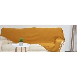 Jeté de canapé à franges uni jaune moutarde