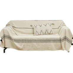 Jeté de canapé à pompons écru motif zig zag noir