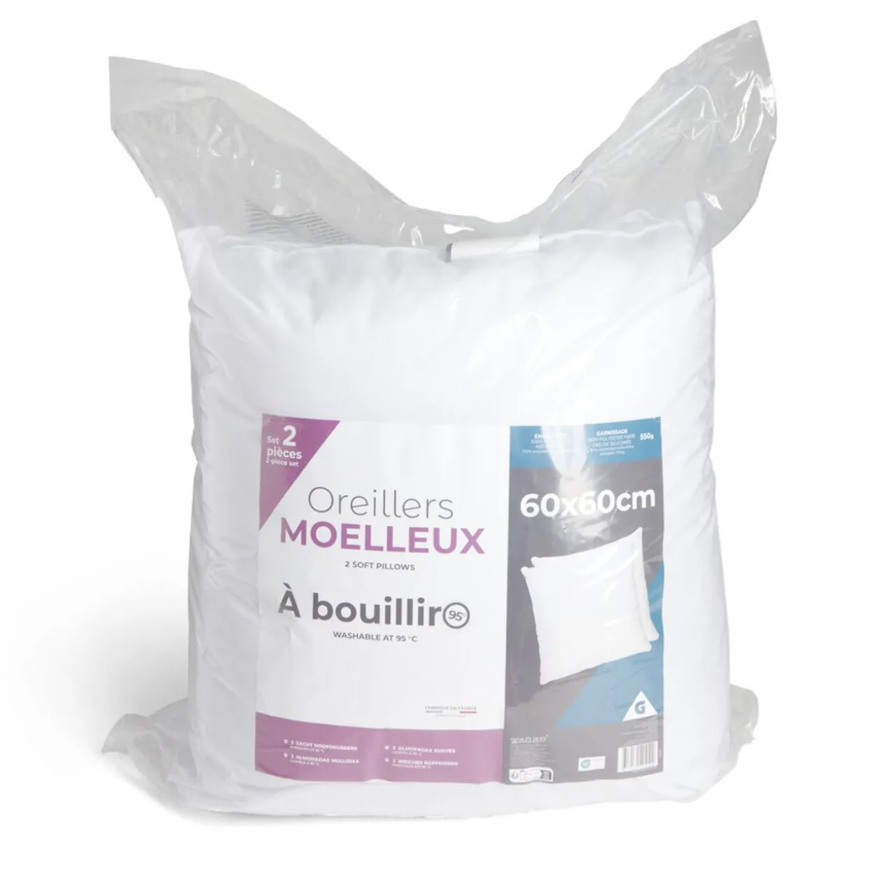 Lot de 2 oreillers à bouillir 60x60cm polyester blanc