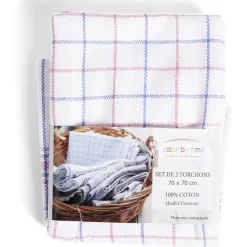 Lot de 2 torchons coton blanc à carreaux 70x70cm