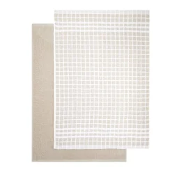 Lot de 2 torchons rectangulaires 50x70cm 100% coton blanc et beige