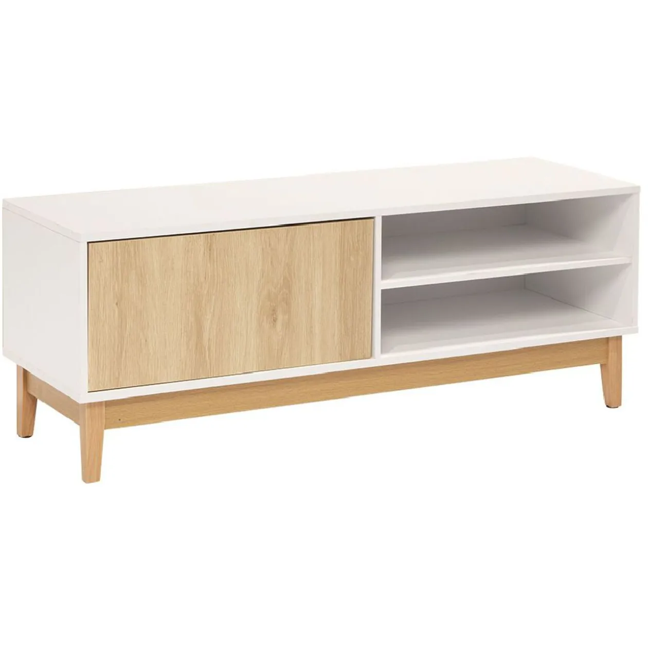 Meuble TV Lida 2 niches 1 porte en bois naturel et blanc